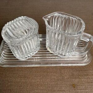 Vintage Villeroy‎ & Boch Ribbed Crystal Creamer & Sugar Set with Tray Art Deco
